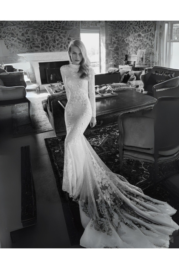 Abito da sposa Betsey, avorio, di pizzo, sirena, Alberto Palatchi
