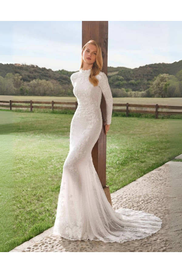 Abito da sposa Betsey, avorio, di pizzo, sirena, Alberto Palatchi