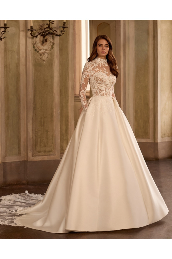 Violet abito da sposa avorio in mikado e pizzo ampio Alberto Palatchi