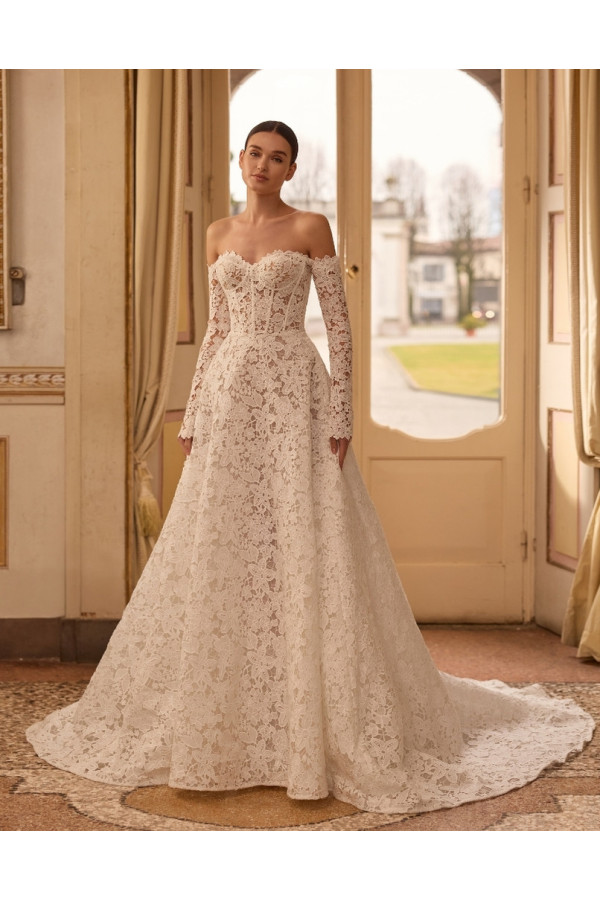 Mimosa abito da sposa avorio in pizzo macramè ampio Alberto Palatchi