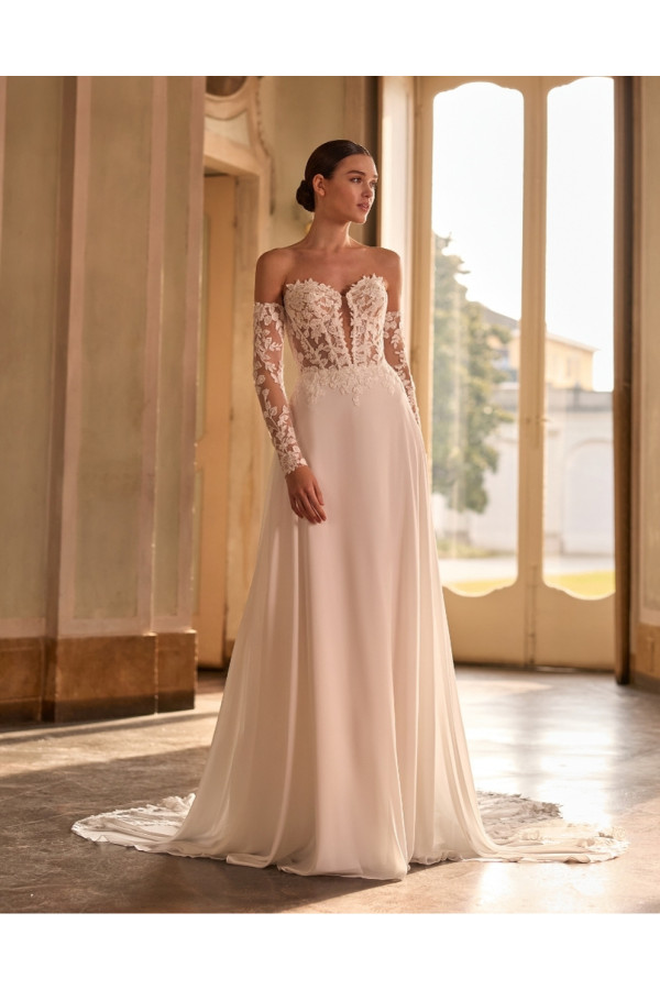 Elysia abito da sposa scivolato avorio in chiffon di Alberto Palatchi