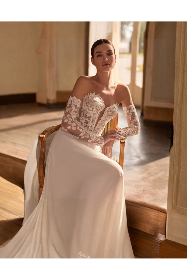 Elysia abito da sposa scivolato avorio in chiffon di Alberto Palatchi