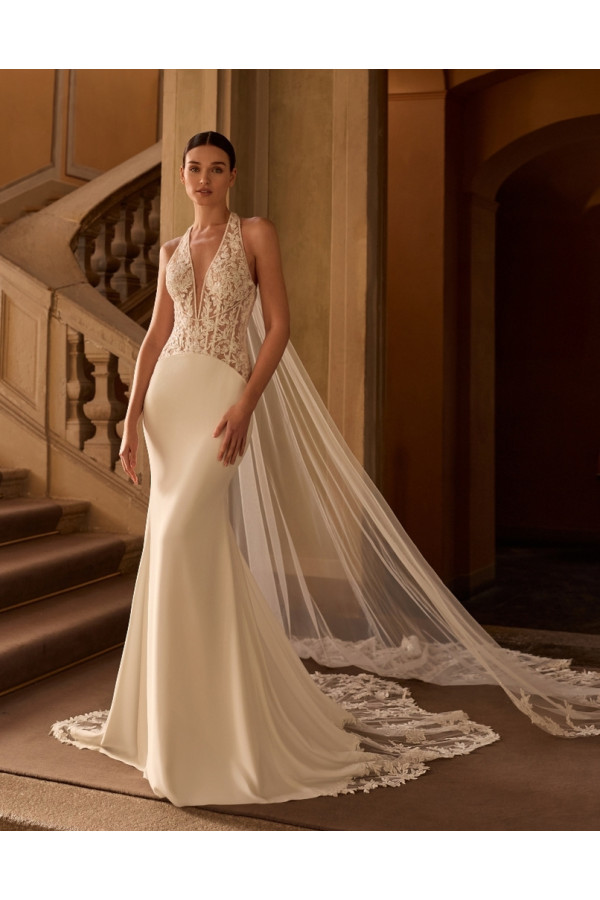 Calendula abito da sposa avorio in chiffon a sirena Alberto Palatchi