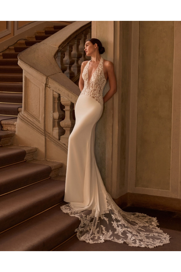 Calendula abito da sposa avorio in chiffon a sirena Alberto Palatchi