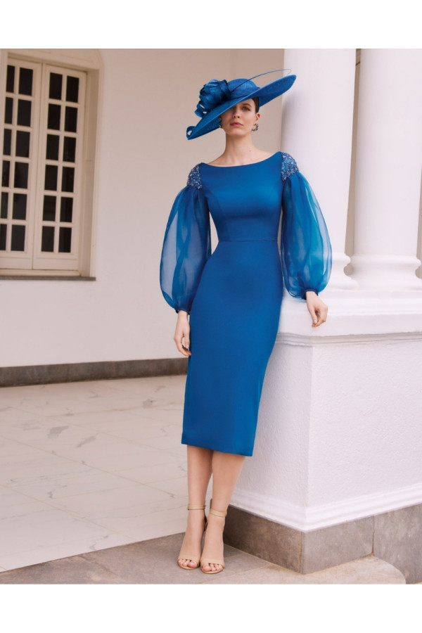 1gc5 Abito da cerimonia donna blu corto con maniche di couture club