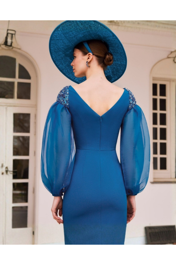 1gc5 Abito da cerimonia donna blu corto con maniche di couture club