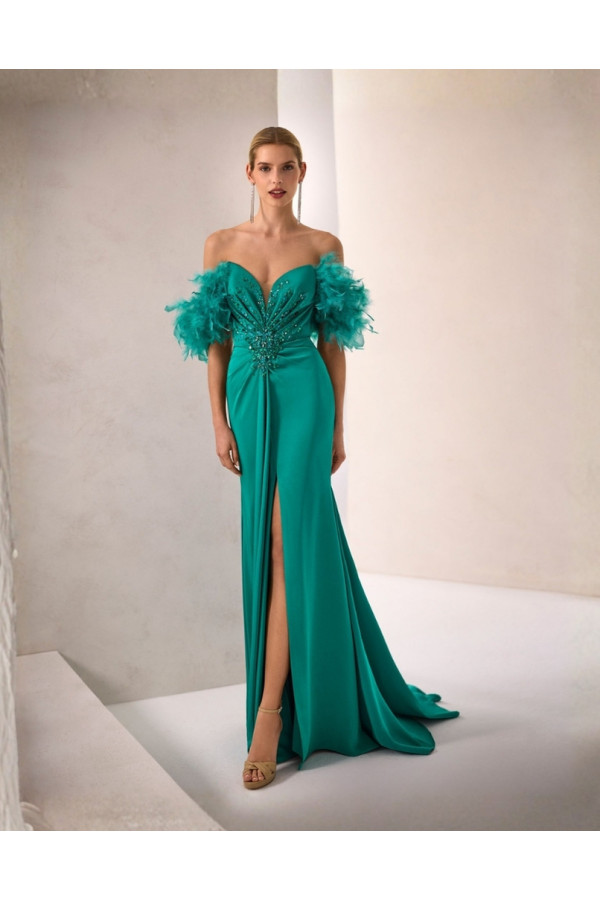 Abito da cerimonia donna 1j02 in douchesse verde a sirena di Marfil