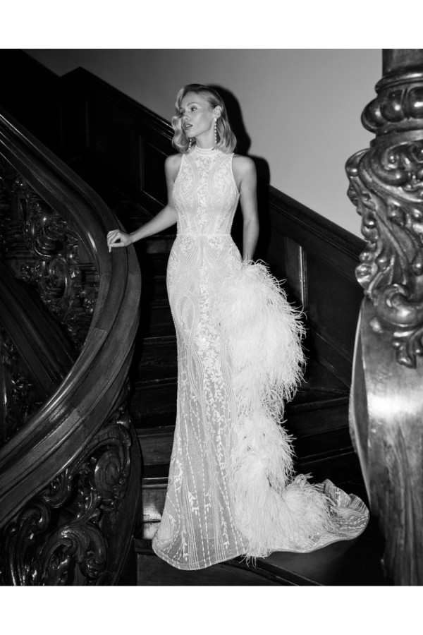 Calma abito da sposa avorio dritto con perline Rosa Clará Gatsby 2027