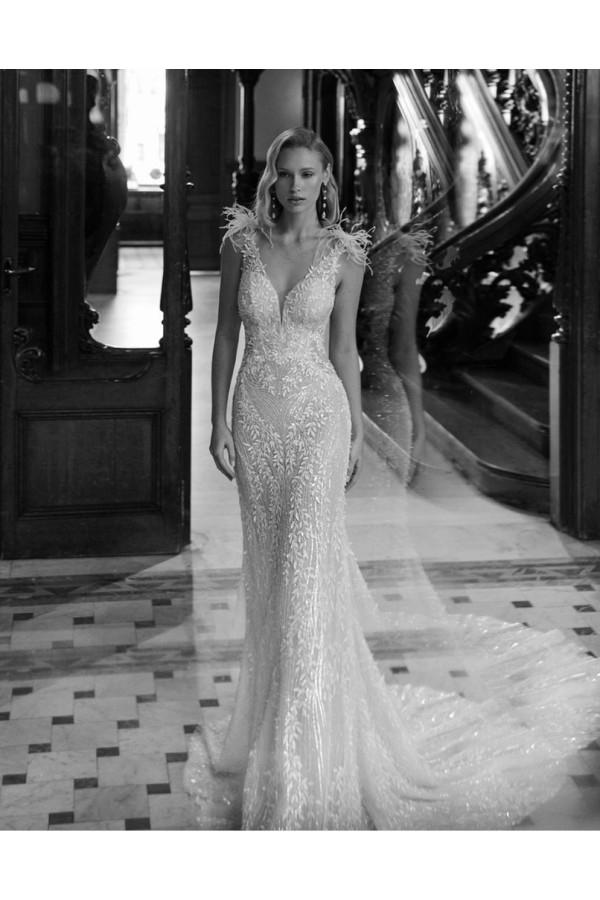 Cala abito da sposa avorio in pizzo a sirena Rosa Clará Gatsby 2027