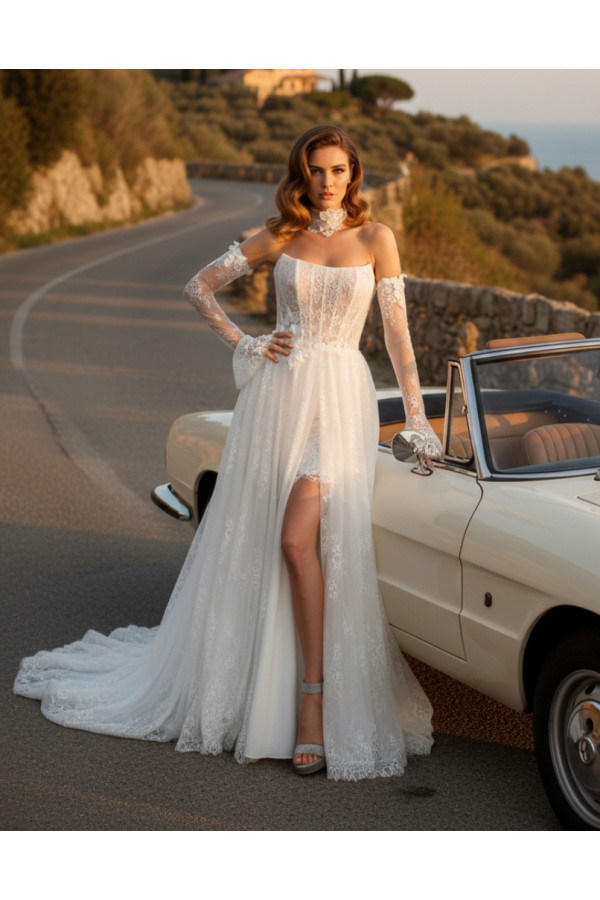 Abito da sposa avorio in pizzo con spacco 27MS06 Mercedes 2027