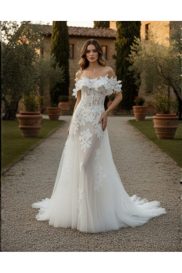 Abito da sposa avorio in tulle e pizzo 3D ampio 27MS05 Mercedes