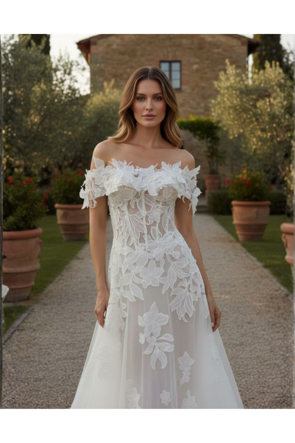Abito da sposa avorio in tulle e pizzo 3D ampio 27MS05 Mercedes