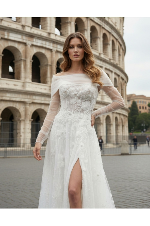 Abito da sposa avorio in tulle e cristalli con spacco 27MS02 Mercedes