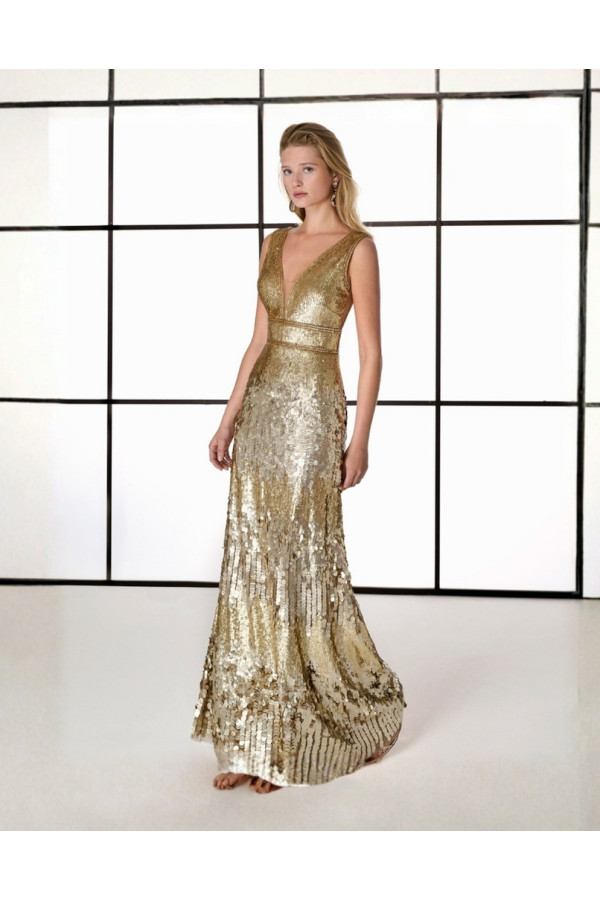 Abito da cerimonia donna oro a sirena scollo a v di Rosa Clarà