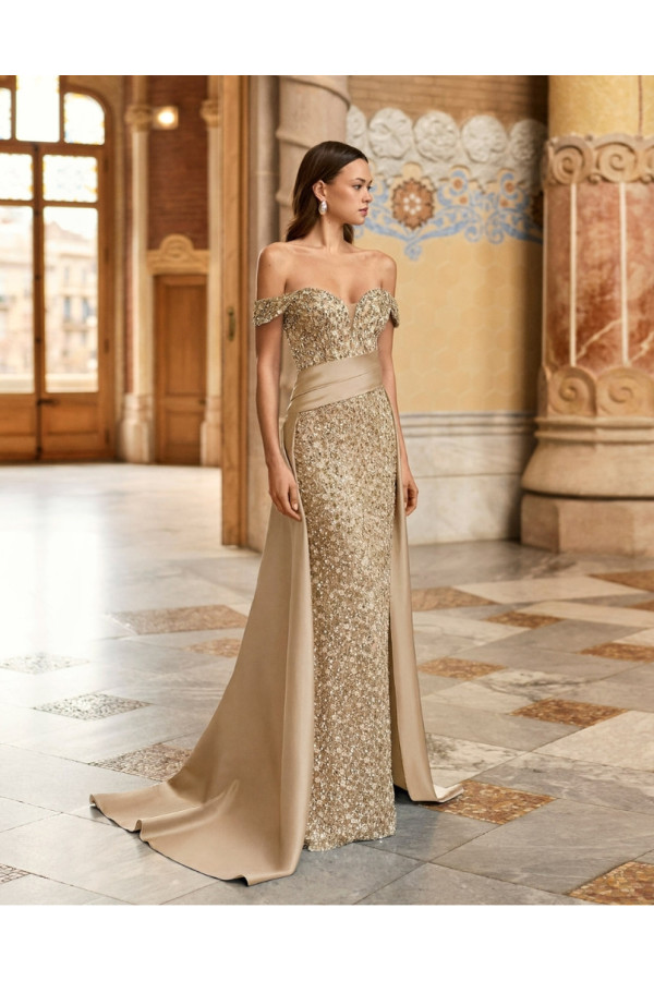Abito da cerimonia beige cristalli e sopragonna 2J32 Marfil Barcelona