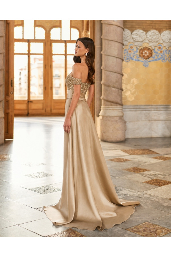 Abito da cerimonia beige cristalli e sopragonna 2J32 Marfil Barcelona
