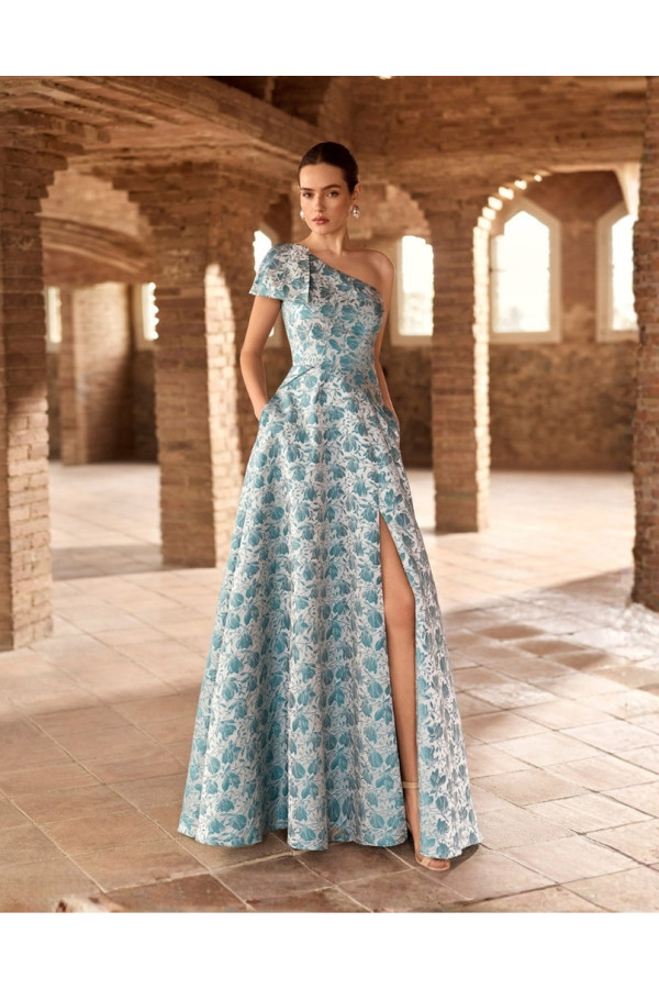 Abito da cerimonia azul tiffany broccato 2JD4 di Marfil Barcelona