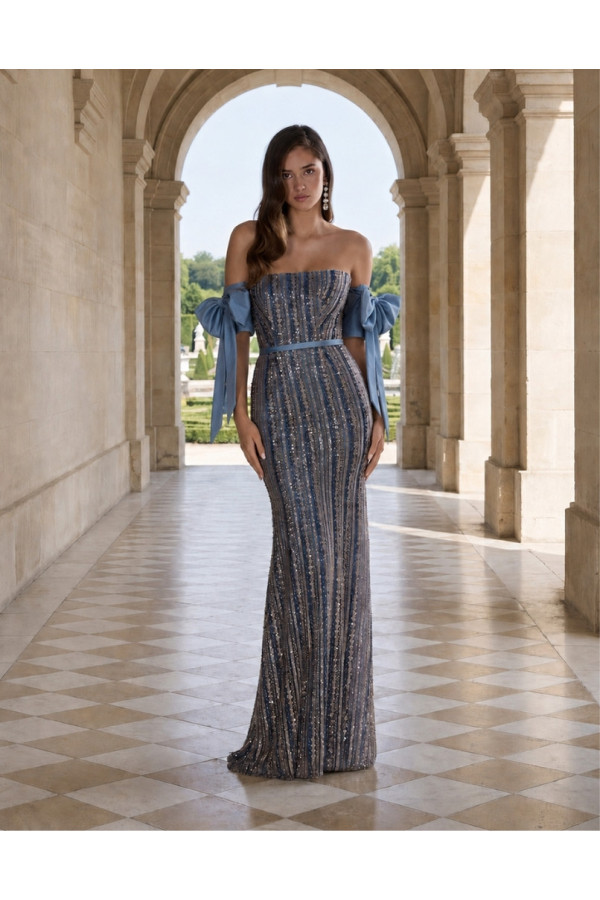 Abito da cerimonia azzurro in perline a colonna 2V08 Martha Blanc