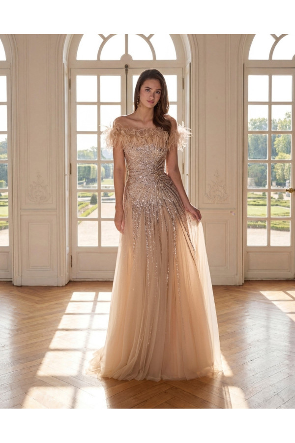 Abito da cerimonia champagne in tulle ampio 2V19 Martha Blanc