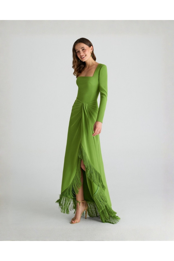 Abito da cerimonia verde mela in crepe asimmetrico 2T99 Rosa Clará