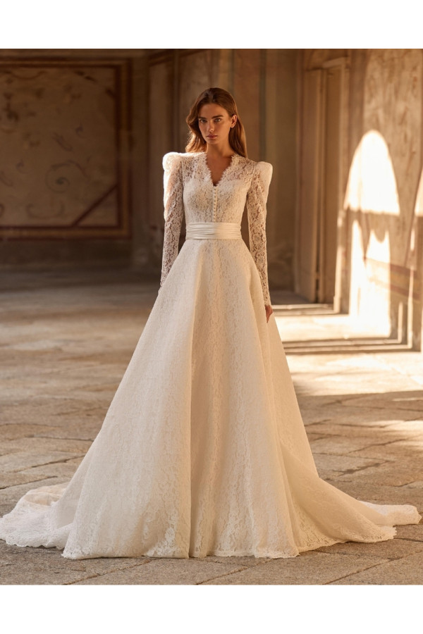Abito da sposa Celine, avorio, pizzo. Alberto Palatachi 2027.
