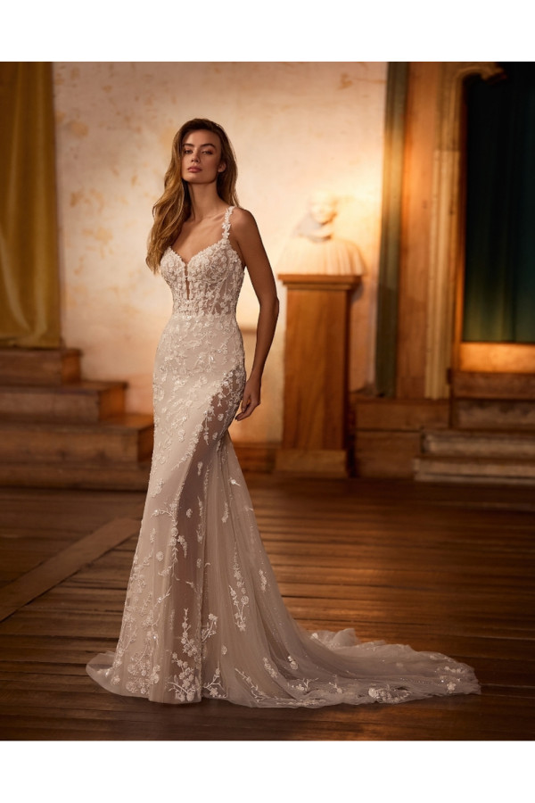 Abito da sposa Yera, avorio, a sirena, in pizzo di Alberto Palatachi