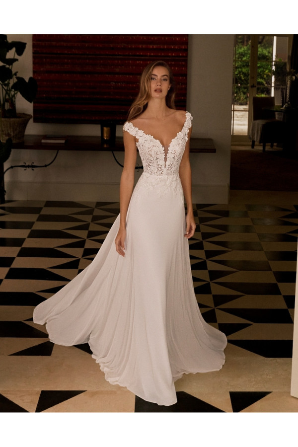 abito da sposa avorio in chiffon di seta svasato di alberto palatchi