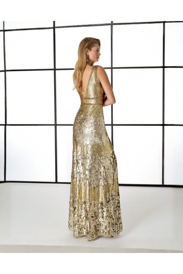 Abito da cerimonia donna oro a sirena scollo a v di Rosa Clarà