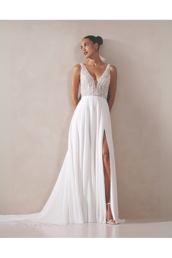 Abito da sposa Paloma, avorio, pizzo rebrodato, Alberto Palatachi