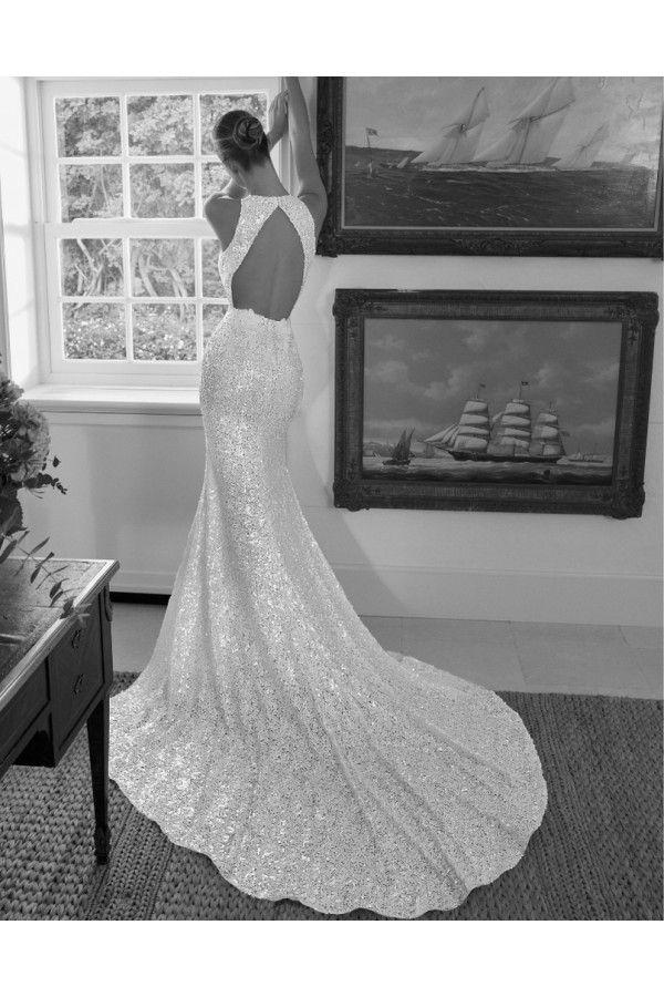 Hester abito da sposa a sirena di mikado avorio di Alberto Palatchi