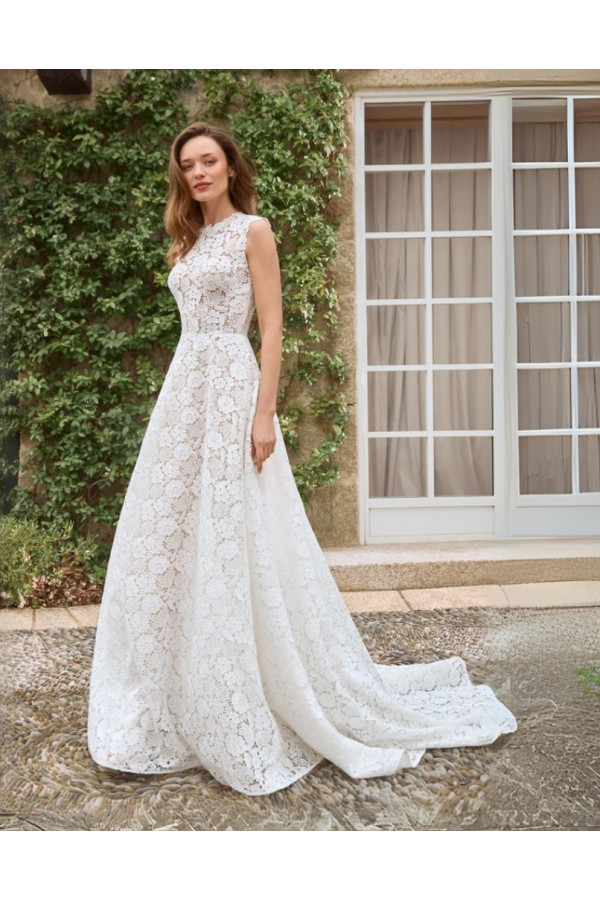 Abito da sposa Carlota, ampio, di pizzo, bianco, Alberto Palatachi
