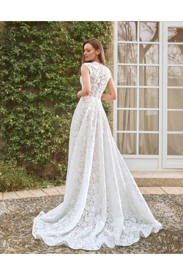 Abito da sposa Carlota, ampio, di pizzo, bianco, Alberto Palatachi