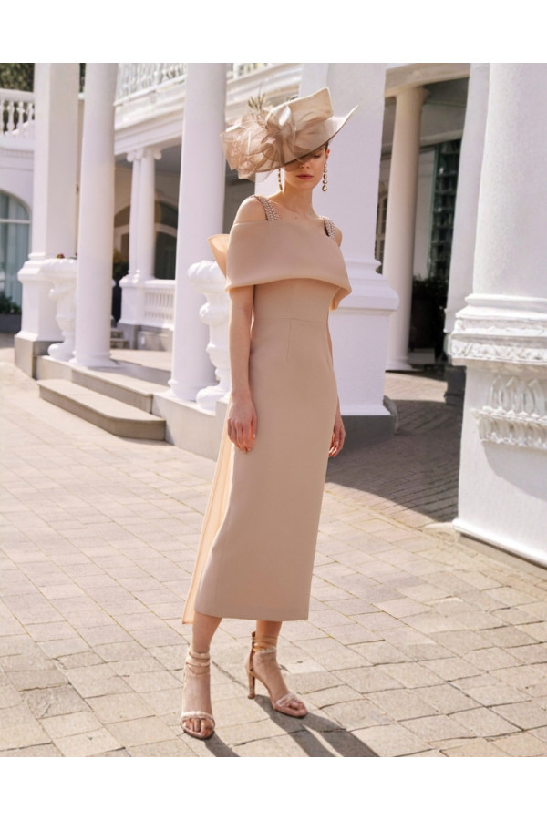 Abito da cerimonia donna colore nudo di organza corto al ginocchio